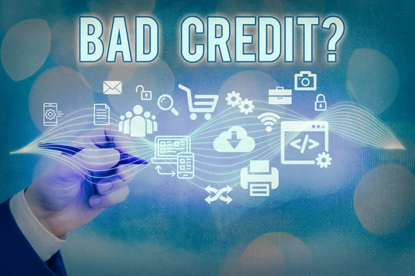 Text sign showing Bad Credit Question. Conceptual photo a bad credit score due to nonpayment of loans Information digital technology network connection infographic elements icon. — Stock Photo, Image