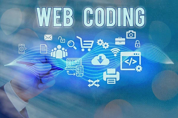 Text sign showing Web Coding. Conceptual photo a system of symbols and rules used to represent instructions Information digital technology network connection infographic elements icon.