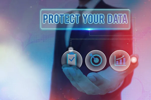 Escribir una nota que muestra Proteja sus datos. Foto comercial que muestra la seguridad cibernética segura y protege la información digital de la pérdida o el fraude . — Foto de Stock