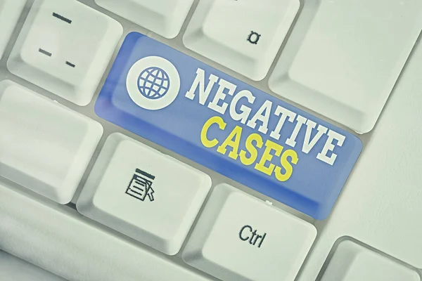 Text sign showing Negative Cases. Conceptual photo circumstances or conditions that are confurmed to be false White pc keyboard with empty note paper above white key copy space. — Stock Photo, Image
