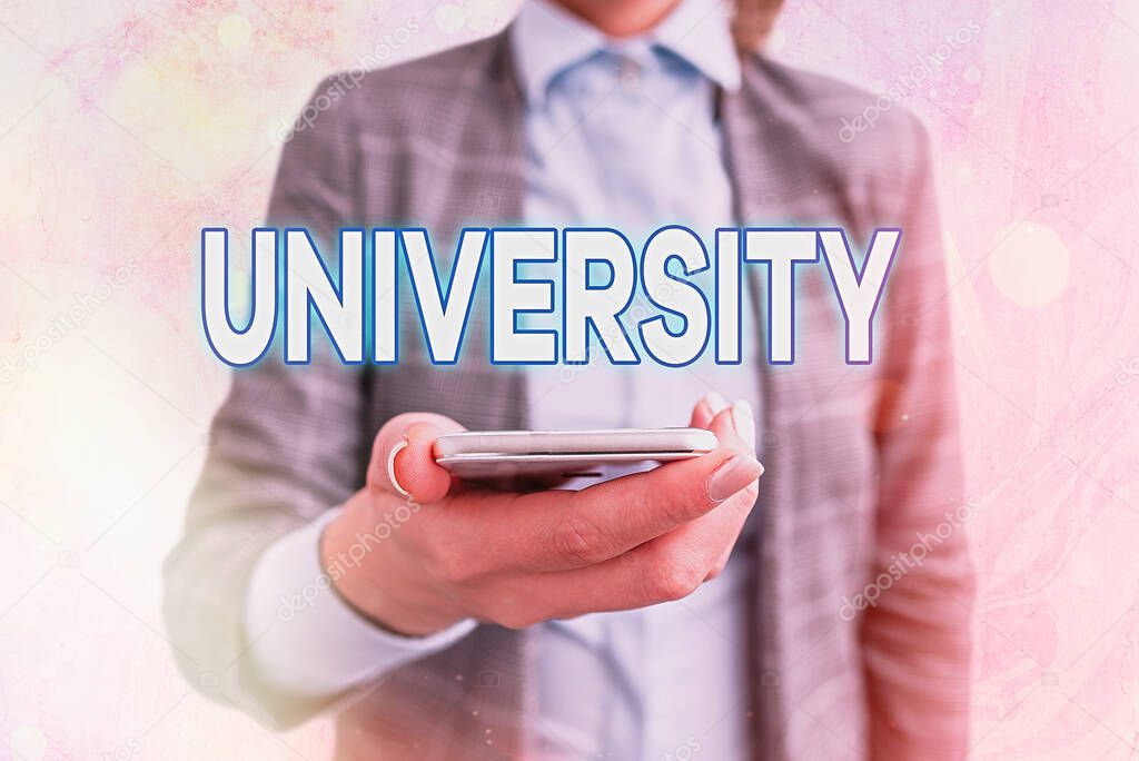 Conceptual hand writing showing University. Business photo showcasing an educational institution designed to teach and investigate Touch screen digital marking important details in business.