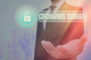 Coronavirüs salgınını gösteren bir mesaj. Yeni keşfedilen COVID19 Graphics veri güvenlik uygulaması sistemi için asma kilidin sebep olduğu kavramsal fotoğraf bulaşıcı hastalık.