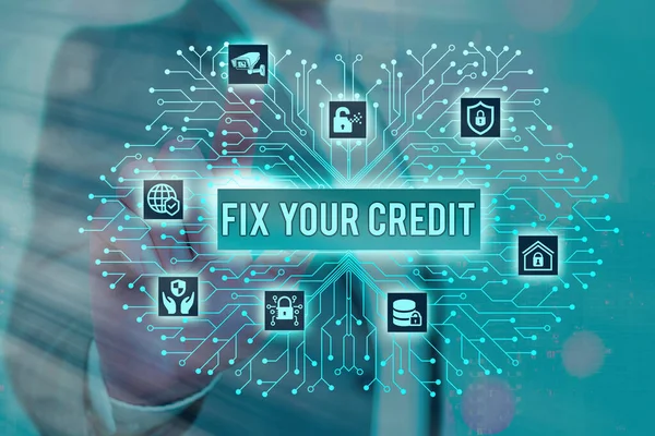 Signo de texto que muestra Fix Your Credit. Foto conceptual mejorar o aumentar su calificación o puntuación para obtener préstamo de dinero o hipoteca . — Foto de Stock