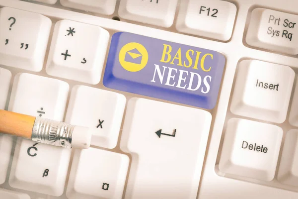 Writing note showing Basic Needs. Business photo showcasing necessary to sustain life like food, water, shelter, and clothing White pc keyboard with empty note paper above white key copy space.