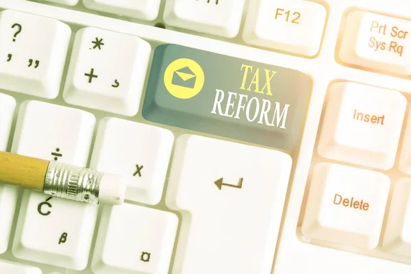 Writing note showing Tax Reform. Business photo showcasing government policy about the collection of taxes with business owners White pc keyboard with empty note paper above white key copy space. — Stock Photo, Image