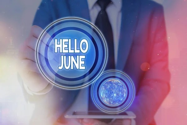 Signo de texto que muestra Hello June. Foto conceptual un nuevo mes para planificar sus actividades para la diversión y aventuras Iconos futuristas sistema solar. Elementos de esta imagen proporcionados por la NASA . — Foto de Stock