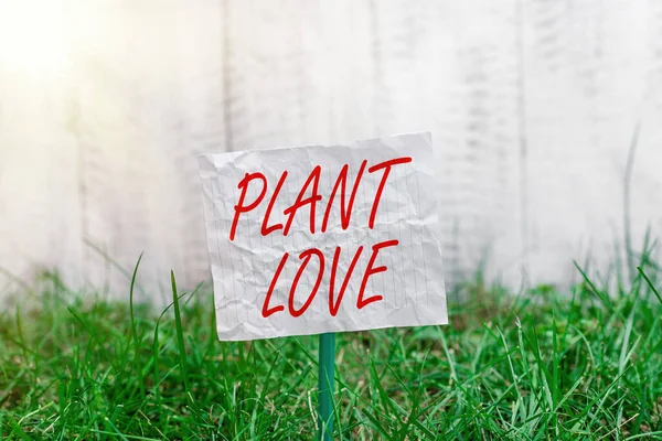 Scrittura concettuale a mano che mostra Plant Love. Foto aziendale in mostra un simbolo di amore emotivo, la cura e il sostegno ha mostrato agli altri carta normale attaccato a bastone e posto nella terra erbosa. — Foto Stock