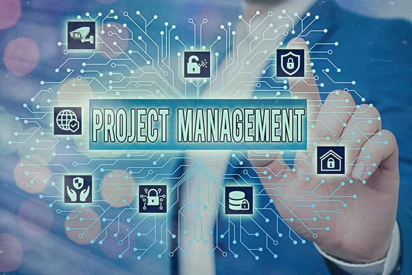 Tekstbord met Project Management. Conceptuele foto praktijk van het werk van een team om specifieke doelen te bereiken Systeembeheerder controle, gear configuratie tools concept instellingen. — Stockfoto