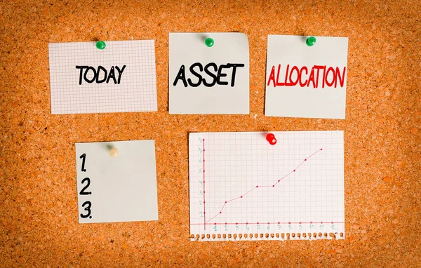 Segno di testo che mostra Asset Allocation. Concettuale proporzione foto e strategia di attuazione per ottenere vantaggio cartone colore formato carta puntina puntina foglio cartellone cartellone. — Foto Stock