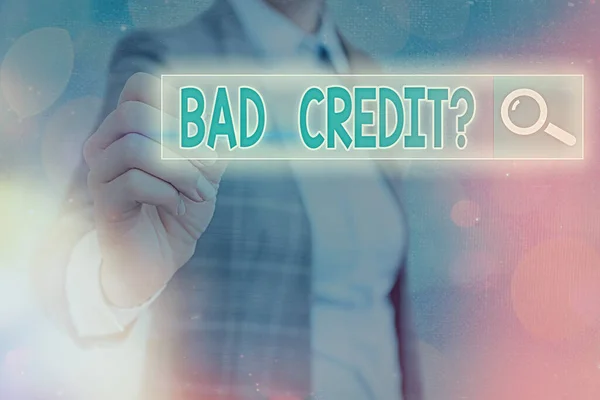 Writing note showing Bad Credit Question. Business photo showcasing a bad credit score due to nonpayment of loans Web search digital information futuristic technology network connection. — Stock Photo, Image