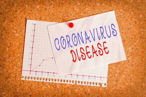 Manuscrito texto escrevendo Doença do Coronavírus. Conceito significado definido como doença causada por um novo vírus SARSCoV2 Corkboard tamanho de cor papel pin tack placa de aviso de cartaz folha . — Fotografia de Stock