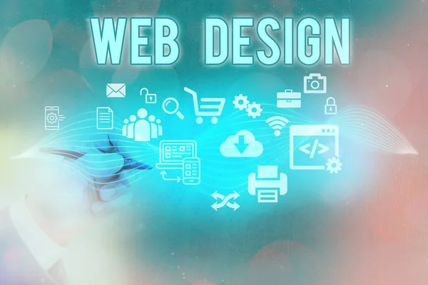 Segno di testo che mostra Web Design. Creazione di un sito web fotografico concettuale che include layout, contenuti e grafica Tecnologia digitale dell'informazione connessione alla rete elementi infografici icona. — Foto Stock