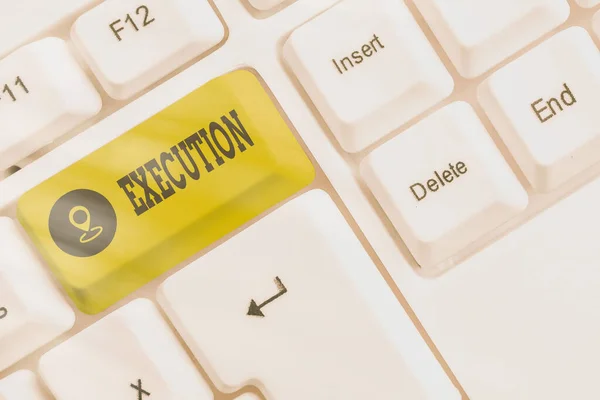 Writing note showing Execution. Business photo showcasing it executes or imposes a program order or course of action White pc keyboard with empty note paper above white key copy space.