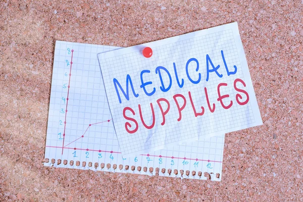 Handwriting text writing Medical Supplies. Concept meaning Items necessary for treatment of illness or injury Corkboard color size paper pin thumbtack tack sheet billboard notice board.