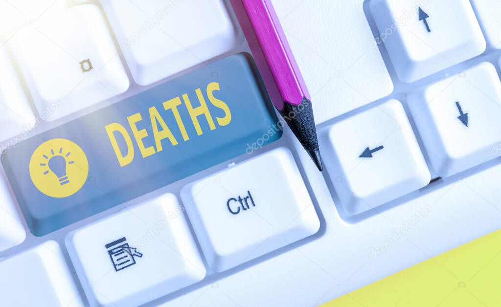 Word writing text Deaths. Business concept for permanent cessation of all vital signs, instance of dying individual White pc keyboard with empty note paper above white key copy space.