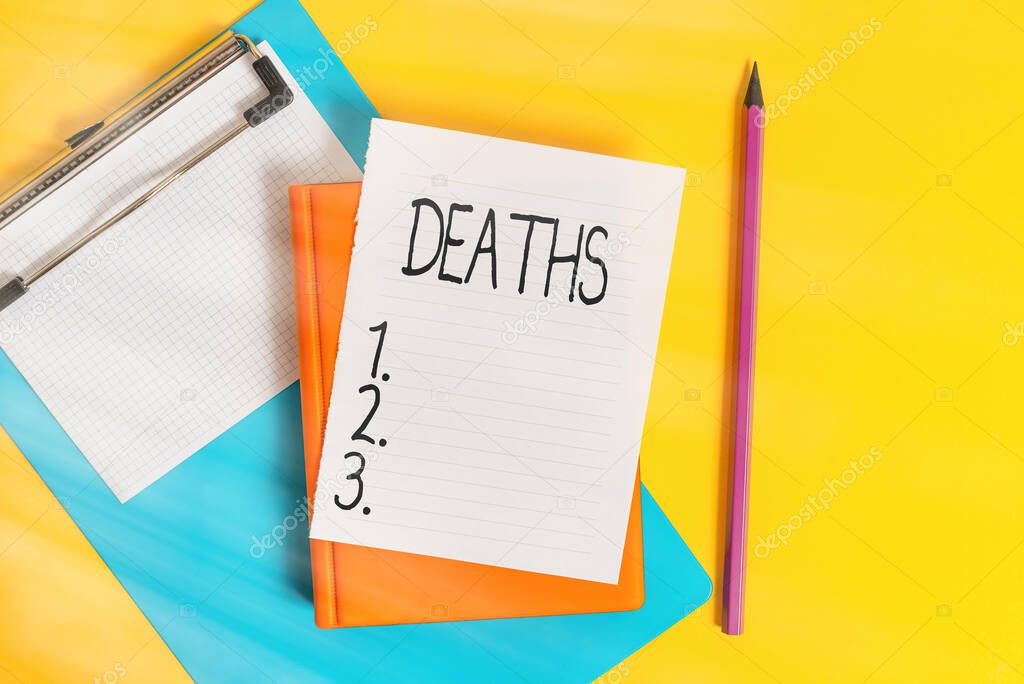 Handwriting text writing Deaths. Concept meaning permanent cessation of all vital signs, instance of dying individual Pile of empty papers with copy space on the table.