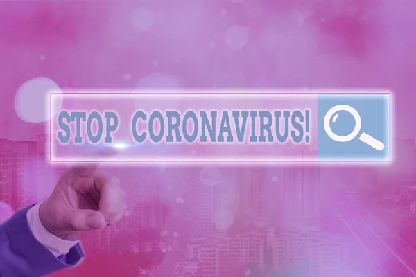 Skriva text och stoppa Coronavirus. Begreppet mening Sjukdom medvetenhet kampanj för att minska COVID19 fall Webbsökning digital information futuristisk teknik nätverksanslutning. — Stockfoto