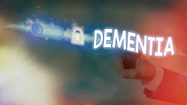 Text sign showing Dementia. Conceptual photo the general word for diseases and disorders with a loss in memory Graphics padlock for web data information security application system. — Stock Photo, Image