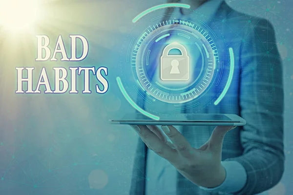 Text sign showing Bad Habits. Conceptual photo the uncontrollable negative habitual behavioral pattern of an individual Graphics padlock for web data information security application system. — Stock Photo, Image