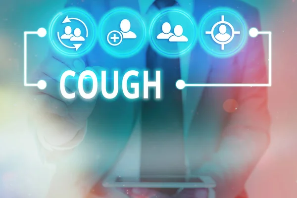 Writing note showing Cough. Business photo showcasing sudden expulsion of air throughout the passages to clear airways Information digital technology network infographic elements. — Stock Photo, Image