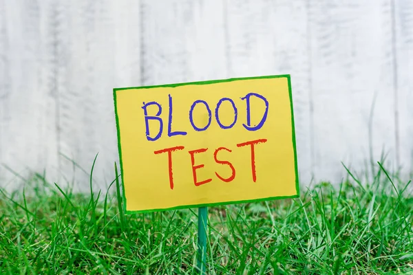 Handwriting text writing Blood Test. Concept meaning Extracted blood sample from an organism to perfom a laboratory analysis Plain empty paper attached to a stick and placed in the green grassy land.