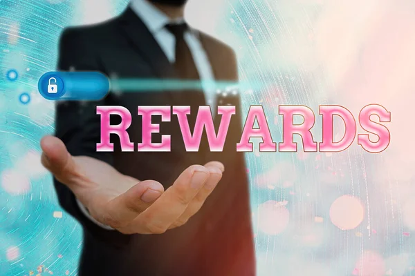 Text sign showing Rewards. Conceptual photo certain number or percentage you earn for every dollar you charge. — Stock Photo, Image