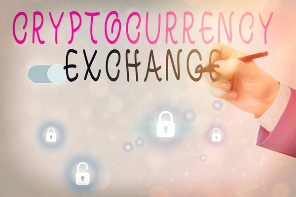 Textzeichen, das die Kryptowährungsbörse zeigt. Konzeptfoto ermöglicht es Kunden, digitales Geld gegen andere Vermögenswerte einzutauschen. — Stockfoto