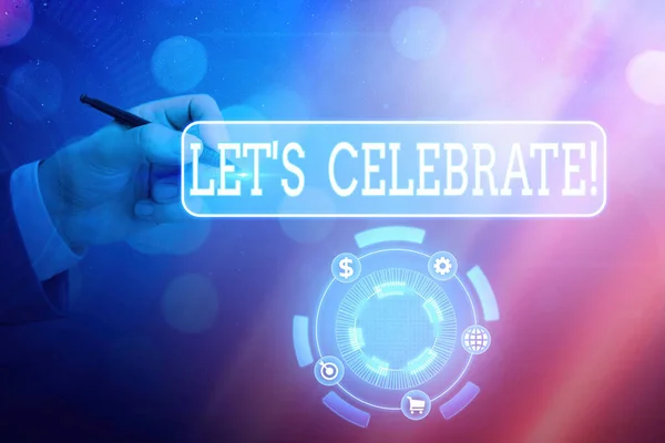 Signo de texto que muestra Celebremos. Foto conceptual para conmemorar un evento especial o para dar una fiesta después del éxito . — Foto de Stock