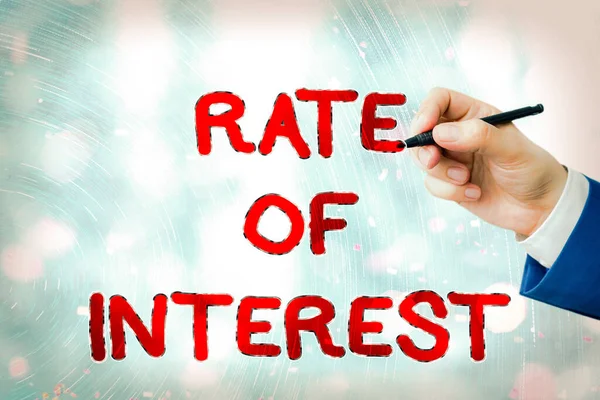 Escrita de mão conceitual mostrando Taxa de Interesse. Texto da foto do negócio Percentagem calculada a partir do montante principal do empréstimo, hipoteca ou investimento . — Fotografia de Stock