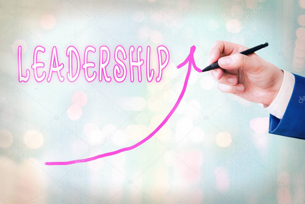 Writing note showing Leadership. Business photo showcasing art of motivating to act toward achieving a common goal Digital arrowhead curve denoting growth development concept.