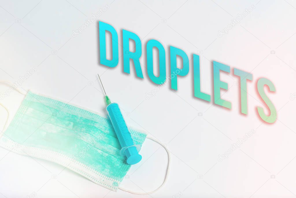 Word writing text Droplets. Business concept for very small drop of a liquid can be found in certain wet places Primary medical precautionary equipments for health care protection.