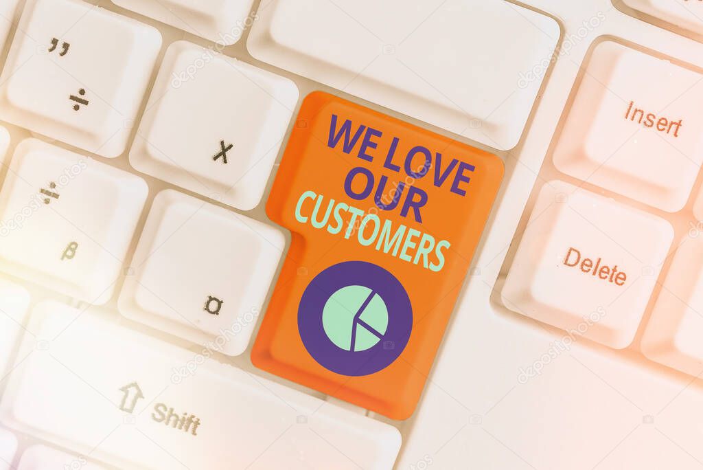 Conceptual hand writing showing We Love Our Customers. Business photo showcasing clients care and attention Good customer services.