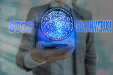 Coronavirus 'u durdurun yazan bir mesaj. Kavramsal fotoğraf hastalığı farkındalık kampanyası COVID19 vakalarını azaltmak için mücadele ediyor. Gelecekteki ikonlar güneş sistemi. Bu görüntünün elementleri NASA tarafından desteklenmektedir.