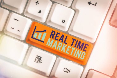 Metin işareti gerçek zamanlı pazarlamayı gösteriyor. Mevcut eğilimler ve müşteri geribildirim üzerine odaklanmış kavramsal fotoğraf iş stratejisi.