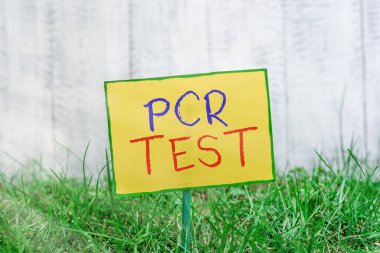 El yazısı PCR Testi. Kavram, DNA 'nın kısa aralıklı boşluğundaki viral genomun nitel tespiti anlamına gelir. Çubuğa bağlanmış boş kağıt yeşil çimenlik araziye yerleştirilir..