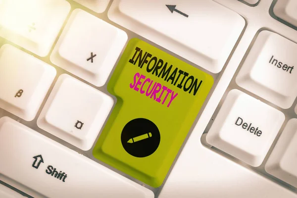 Conceptual hand writing showing Information Security. Business photo text being protected against the illegal use of information White pc keyboard with empty note paper above white key copy space.