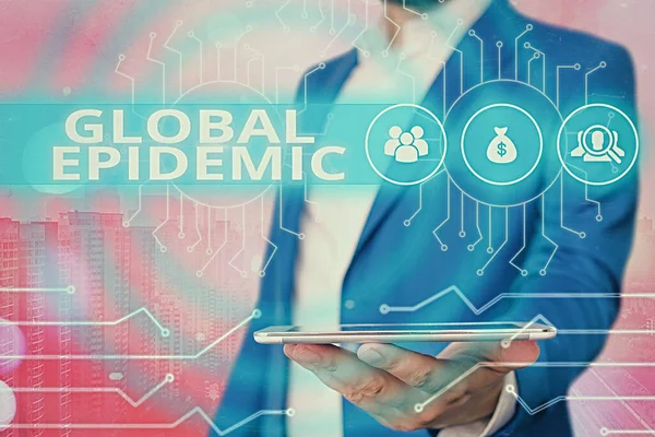 Text sign showing Global Epidemic. Conceptual photo a rapid spread of a communicable disease over a wide geographic area System administrator control, gear configuration settings tools concept.