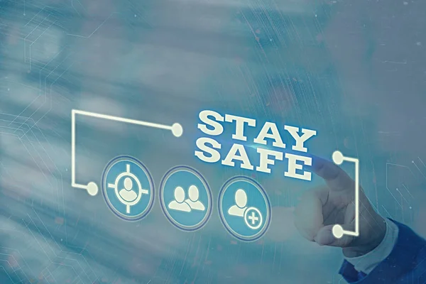 Conceptual hand writing showing Stay Safe. Business photo showcasing secure from threat of danger, harm or place to keep articles Information digital technology network infographic elements.