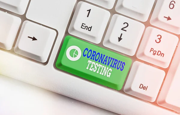 Χειρόγραφο κείμενο Coronavirus Δοκιμές. Έννοια που σημαίνει συλλογή δειγμάτων από έναν βιώσιμο ασθενή για την ταυτοποίηση SARSCoV2 Λευκό πληκτρολόγιο pc με κενό χαρτί σημειώσεων πάνω από λευκό κενό αντιγραφής κλειδιού. — Φωτογραφία Αρχείου