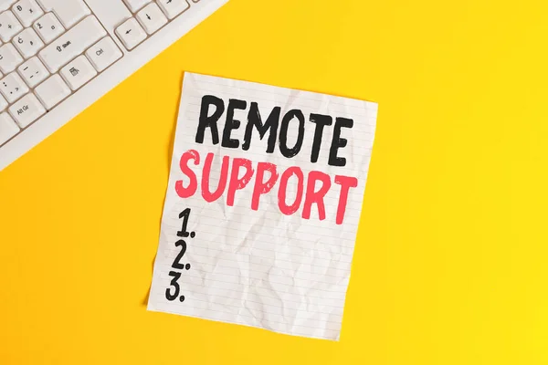 Text sign showing Remote Support. Conceptual photo type of secure service, which permits representatives to help Copy space on notebook above yellow background with pc keyboard on the table. — Stock Photo, Image