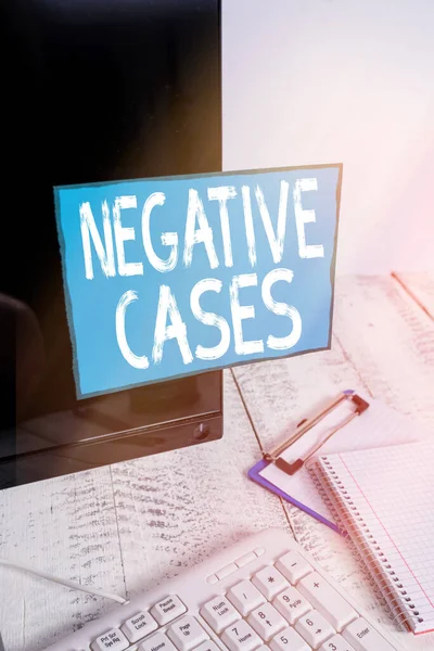 Writing note showing Negative Cases. Business photo showcasing circumstances or conditions that are confurmed to be false Note paper taped to black computer screen near keyboard and stationary. — Stock Photo, Image