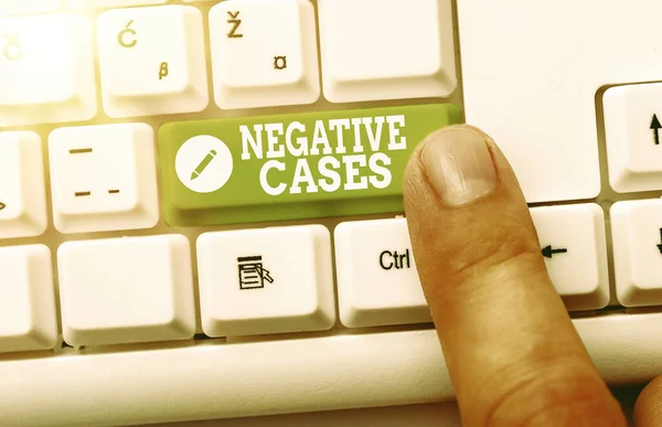 Handwriting text Negative Cases. Concept meaning circumstances or conditions that are confurmed to be false White pc keyboard with empty note paper above white key copy space. — Stock Photo, Image
