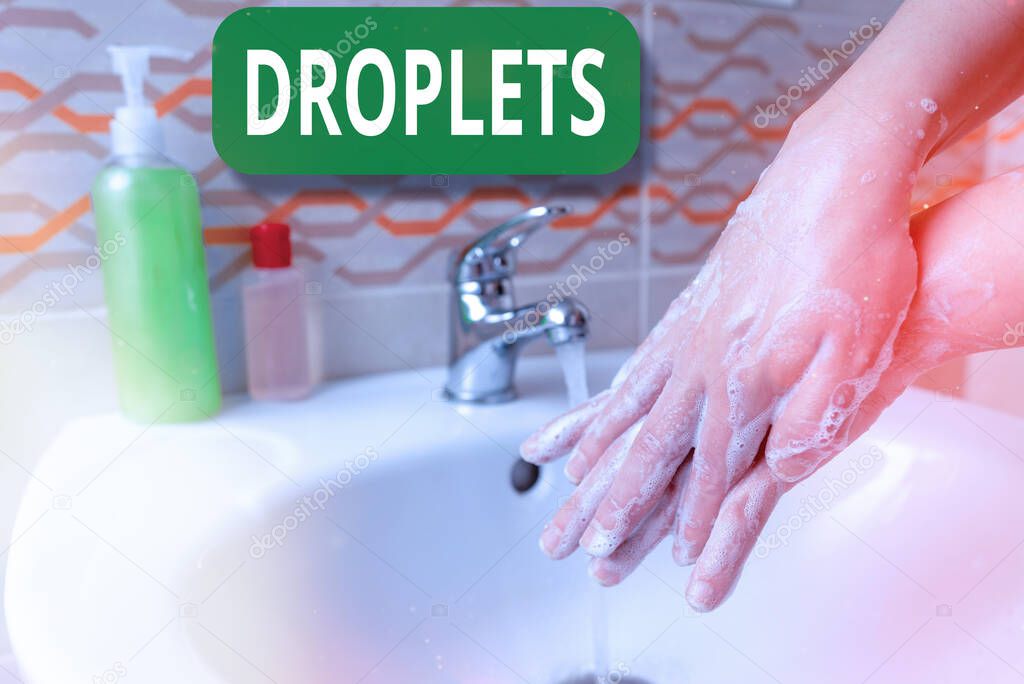 Word writing text Droplets. Business concept for very small drop of a liquid can be found in certain wet places Handwashing procedures for decontamination and minimizing bacterial growth.
