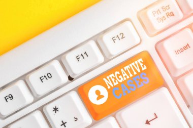 Negatif davaları gösteren kavramsal el yazısı. Beyaz tuş alanının üzerinde boş not kağıdı olan sahte beyaz pc klavye içeren iş fotoğrafı metni koşulları veya koşulları.