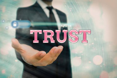 Güven 'i gösteren mesaj işareti. Kavramsal fotoğraf firması inancı birinin güvenilirliği doğruluk yeteneği veya gücü.