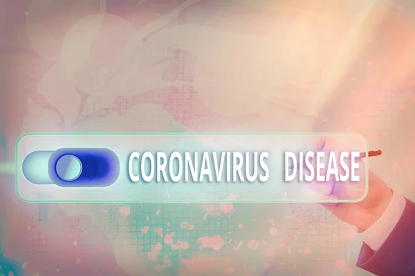 A Coronavirus-kórt mutató szöveges jel. Fogalmi fotó definíciója: betegség által okozott új vírus SARSCoV2 Grafikus lakat web adatok biztonsági alkalmazás rendszer. — Stock Fotó