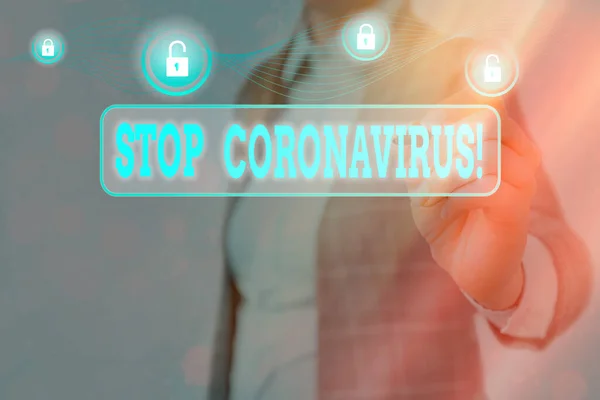 Escrita conceitual mostrando Stop Coronavirus. Foto de negócios mostrando campanha de conscientização de doenças lutando para diminuir os casos COVID19 Cadeado de gráficos para sistema de aplicação de segurança de dados da web . — Fotografia de Stock