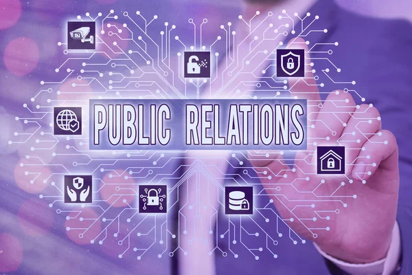 Text sign showing Public Relations. Conceptual photo professional maintenance of a favorable image by a company System administrator control, gear configuration settings tools concept.