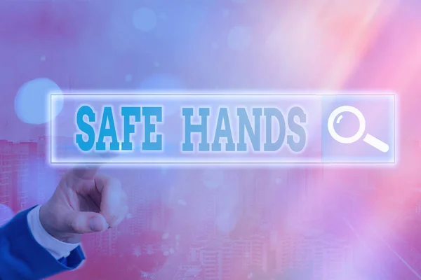 Handschrift tekst schrijven Safe Hands. Concept betekent Zorgen voor de steriliteit en netheid van de handen voor decontaminatie Web search digitale informatie futuristische technologie netwerk verbinding. — Stockfoto