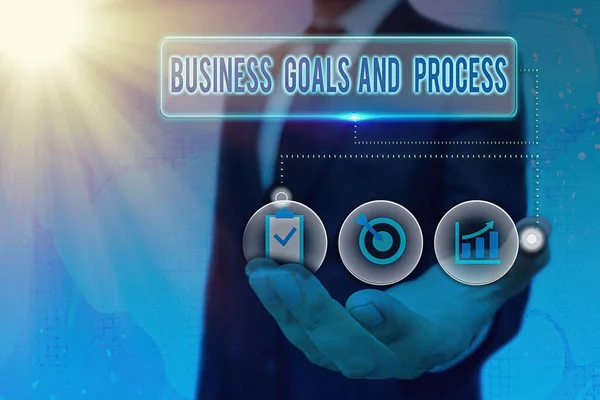 Schrijfbriefje met zakelijke doelen en proces. Bedrijfsfoto presentatie bedrijfsplanning en strategieën om te bereiken. — Stockfoto